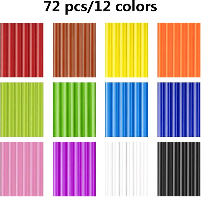 72 Pack 0.43 x 4 in Colored Hot Glue Sticks Full Size, 12 Colors Hot Melt Glue Sticks for DIY Art Craft, Sealing, General Repairs and Gluing Projects