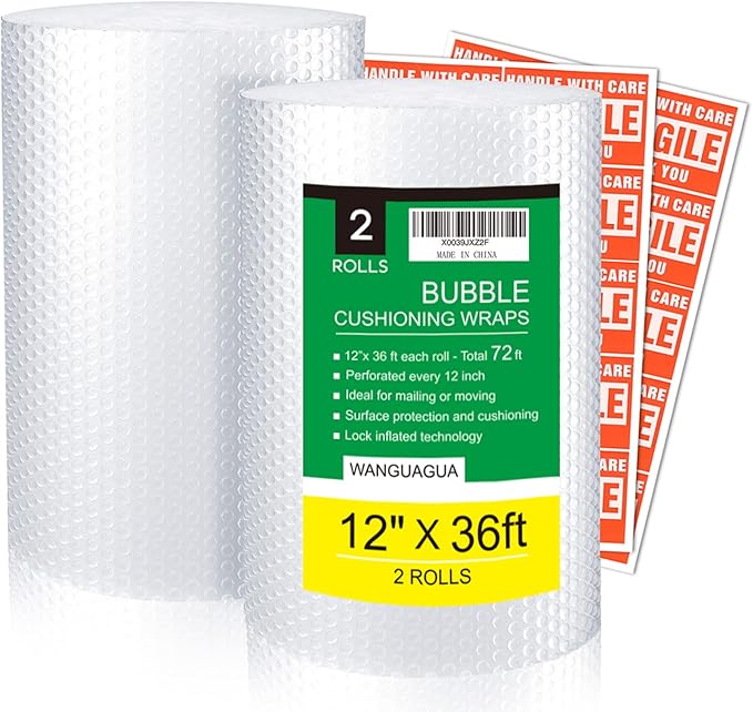 wanguagua 2 Pack 12 Inch x 72 ft Total Bubble Packing Wrap for Moving Boxes Shipping Cushioning Supplies Perforated Every 12”