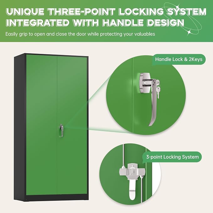 Metal Storage Cabinet, 72" Steel Lockable File Cabinet with Locking Doors and Adjustable Shelves, Locking Storage Lockers for Office, Home, Garage, Gym, School (Black Green)