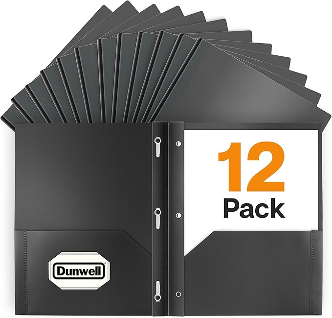 Dunwell Plastic 2-Pocket Folders with 3 Prongs, Black, 12 Pack, Poly | Durable Acid-Free Poly with Fasteners, Long-Term School & Office Use, Includes Labels