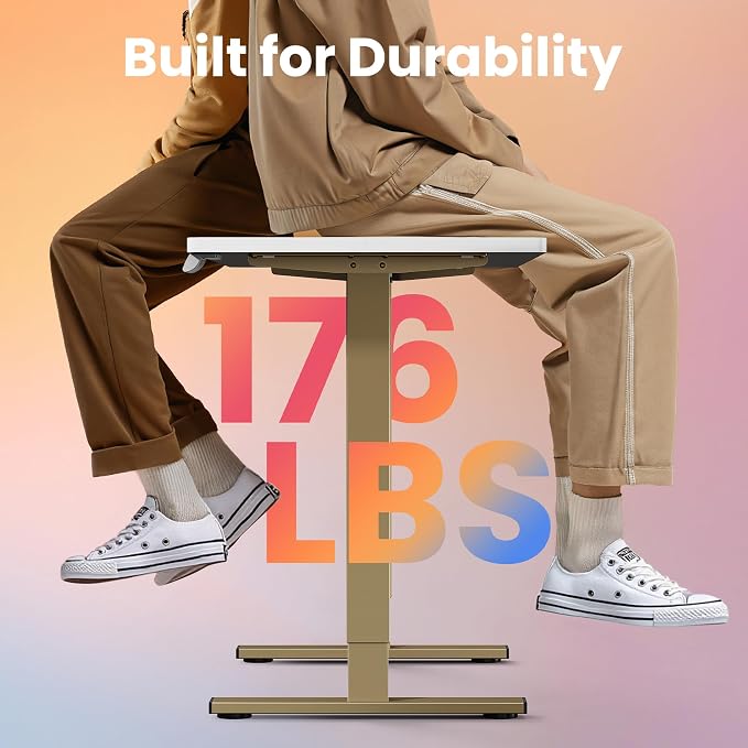 HUANUO 32x19 Inch Small Electric Desk, Adjustable, White & Gold Frame | 176 Lbs Capacity, Rounded Corners, Wheel-Ready Feet, Compact Desktop, Apartment Workspace, 28.3–46.5 Inch Height Range