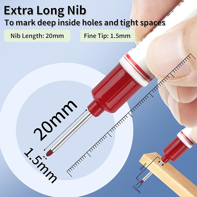 15 Pcs Long Nib Marker, 20 mm Long Head Deep Hole Marker Pens, Fine Nose Tip Deep Reach Permanent Paint Markers for Metal, Marking Pen for Drilling, Carpenter, Woodworking, Construction (Red)
