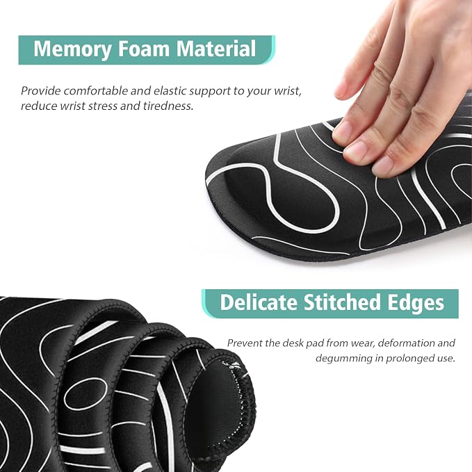 4 in 1 Large Mouse Pad,Keyboard Wrist Rest Set,Desk Mat with Stitched Edges Thicken Desk Pad,Wrist Support for Keyboard and Mouse,Desk Mat for Home Office Game(Black Marble)