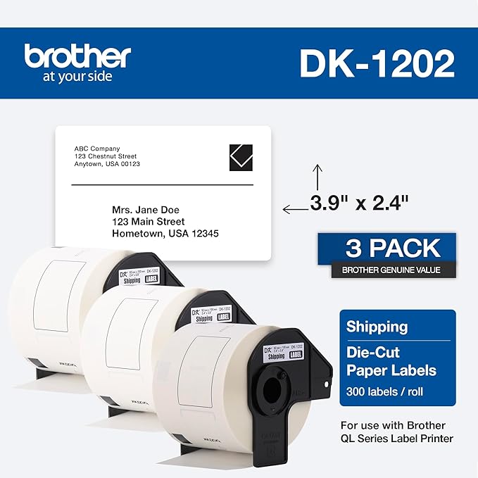 Brother Genuine DK-12023PK Die-Cut Shipping Paper Labels, Long Lasting Reliability, 300 Labels Per Roll, (3) Rolls per Box, White (DK12023PK)