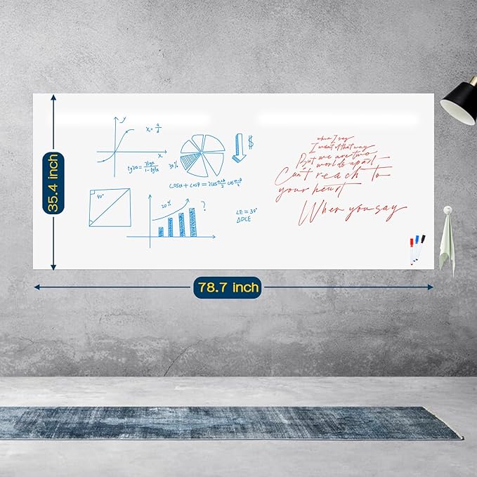 Dry Erase Whiteboard Sticker Wall Decal, Self-Adhesive White Board Peel Stick Paper for School,Office,Home,Kids Drawing with 3 Water Pen 78.7"x35.4"