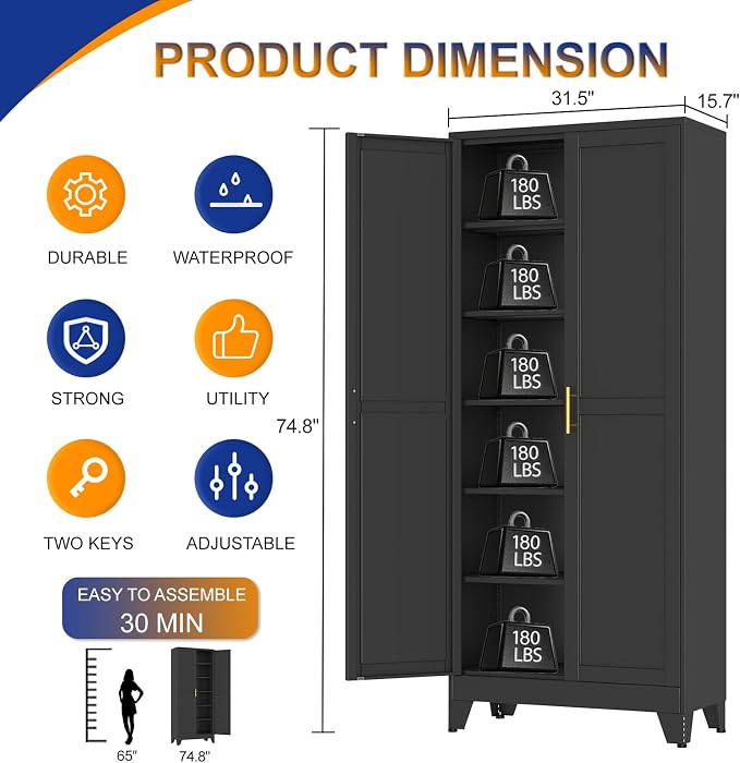 Metal Storage Cabinet with 2 Doors and 5 Adjustable Shelves - 74.8" Steel File Cabinet,Tool Cabinets for Office,Home,Garage,Gym,School (Black)