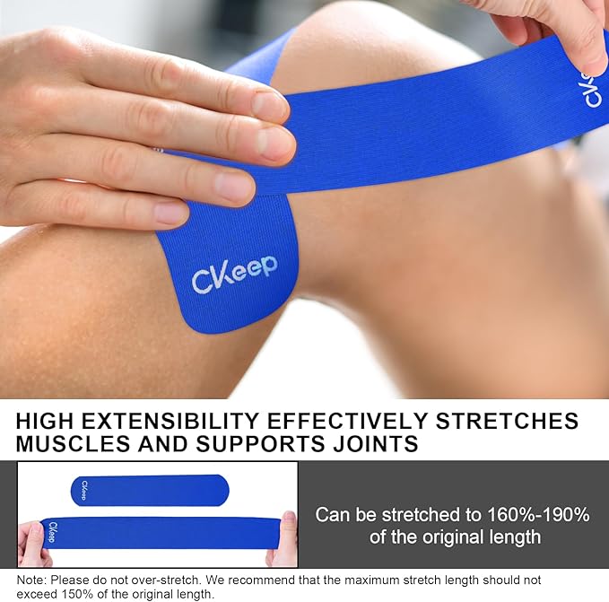 CKeep Kinesiology Tape, 2 Rolls Cotton Latex Free Hypoallergenic Elastic Precut Strips, 2 Inch Wide Waterproof Athletic Tape for Knees Pain Injuries Sprains, Blue