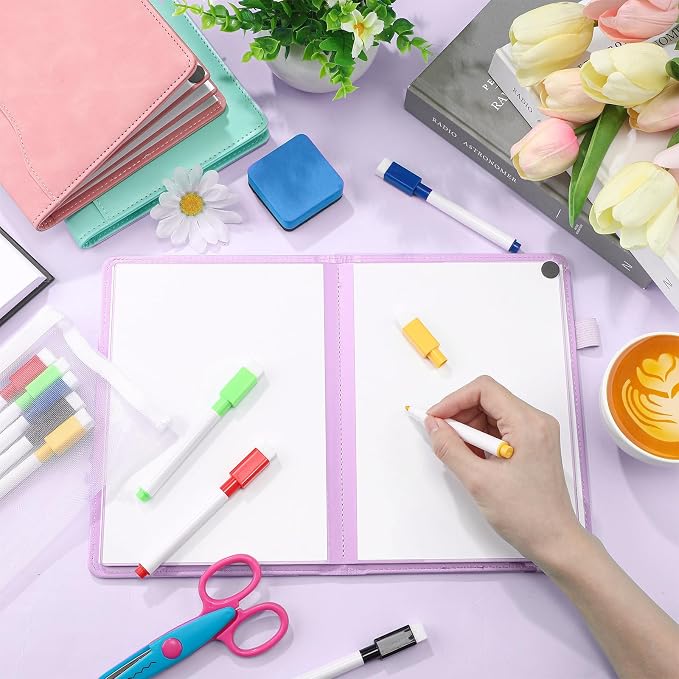 Feifeiya 6 Sides Dry Erase Notebook, Purple, A5 6" X 8.5" | Portable Reusable Whiteboard Notepad 6 Side Foldable Dry Erase White Board for Planner Office Study Business Meeting Supplies