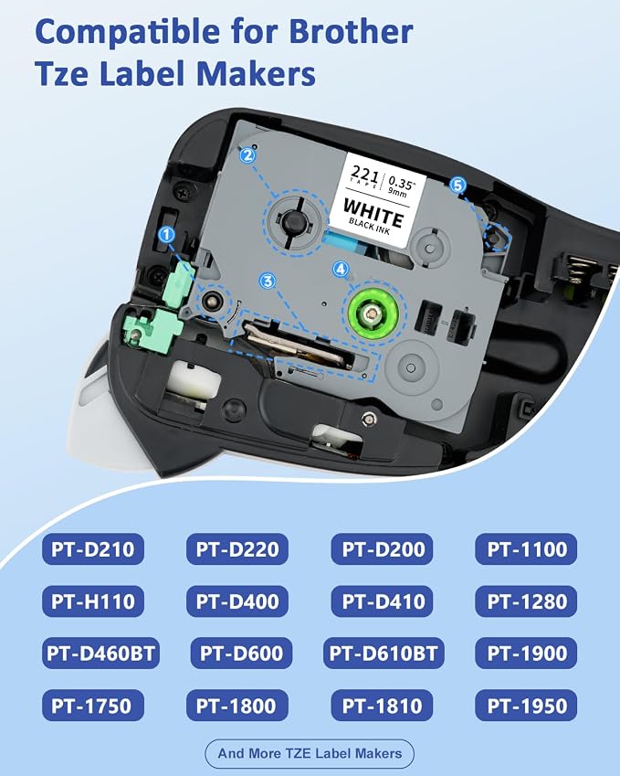 TZ Tape Tz-221 9mm 0.35 Laminated White Tape Compatible for Brother P-Touch TZe221 3/8 Inch Refill Work with Brother Label Maker Tape PT-D210 PT-D220 PT-H110 PT-1890 PT-D600 PT-D410, 4-Pack