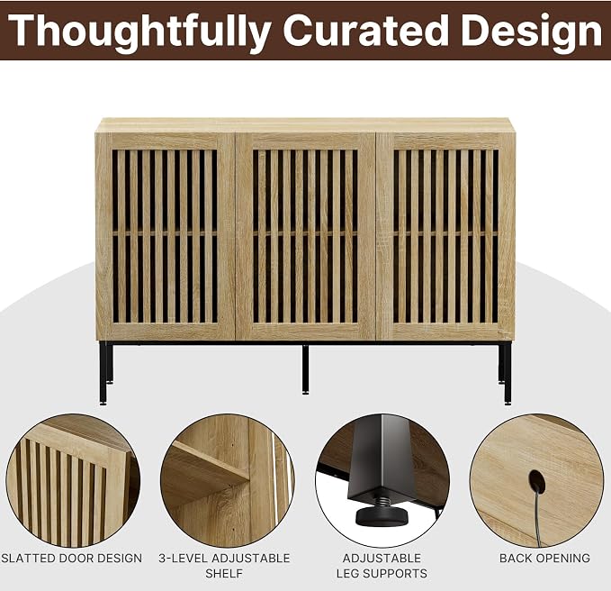 BVIUNTWO Buffet Cabinet with Storage,47" Farmhouse Console Table with Metal Base and Adjustable Shelves,Sideboard Coffee Bar Cabinet with 3 Doors for Kitchen,Dining Room,Living Room,Oak