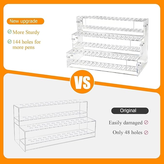 144-Slots Pen Holder for Craft Shows,3-Tier Acrylic Pen Display Stand Holders for Vendors,12mm Beadable Pens Display Beaded Pens Organizer Paint Brush Storage Makeup Brush Rack for School Essentials