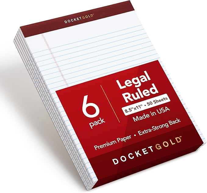 TOPS 8.5 x 11 Legal Pads, 6 Pack, Premium Docket Gold Brand, Wide Ruled, Thick White Paper, Sturdy Back, 50 Sheets, Made in USA (99709)