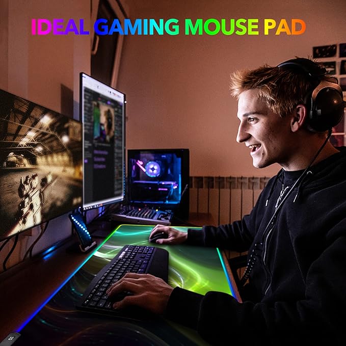 AIMSA Large Gaming Mouse Pad RGB, Keyboard Led Mousepad Extended 35.4 x 15.8 inch Non-Slip Rubber Base with 14 Lighting Modes, Big Desk Mat Waterproof, Cool Aurora
