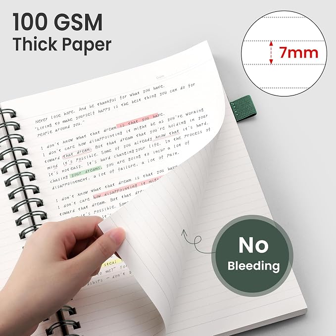EMSHOI Lined Spiral Journal Notebook, 300 Pages, B5 Size (7.4'' x 10.1'') | College Ruled, 100 GSM Thick Paper, Flexible Plastic Cover, for School, Writing, Work, Office & Journaling (Deep Green)