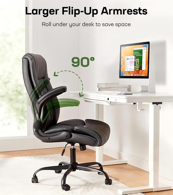 Marsail Executive Office Chair Ergonomic Desk Chair with Flip-up Armrests PU Leather Height-Adjustable Swivel Rolling Dark | 25% thicker cushion, contoured backrest, 90-120 degree recline, swivel rolling base, breathable mesh center, 300 lbs