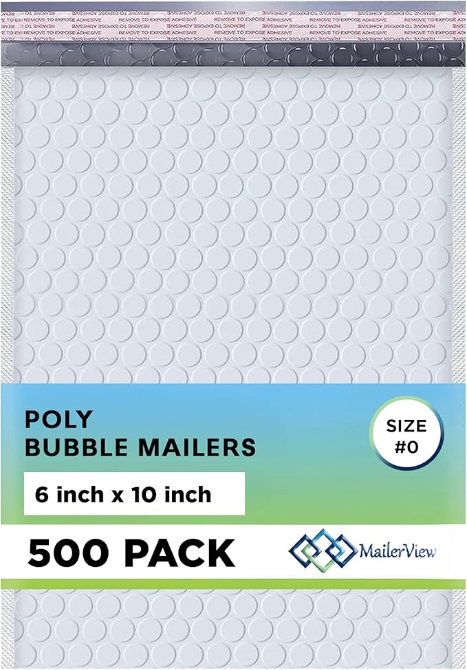 Arctic White Bubble Mailers 6x10 Poly Padded Envelopes #0, 500 Pack | Fits Cards, CDs & Small Items, Self-Seal Closure, Cushioned Protection, Water-Resistant Poly, Bulk Pack for Small Business