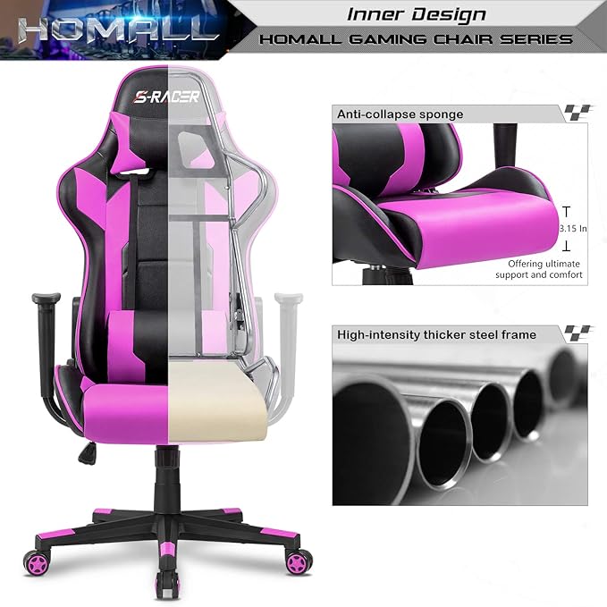 Homall Gaming Chair, Office Chair High Back Computer Chair Leather Desk Chair Racing Executive Ergonomic Adjustable Swivel Task Chair with Headrest and Lumbar Support (Violet)