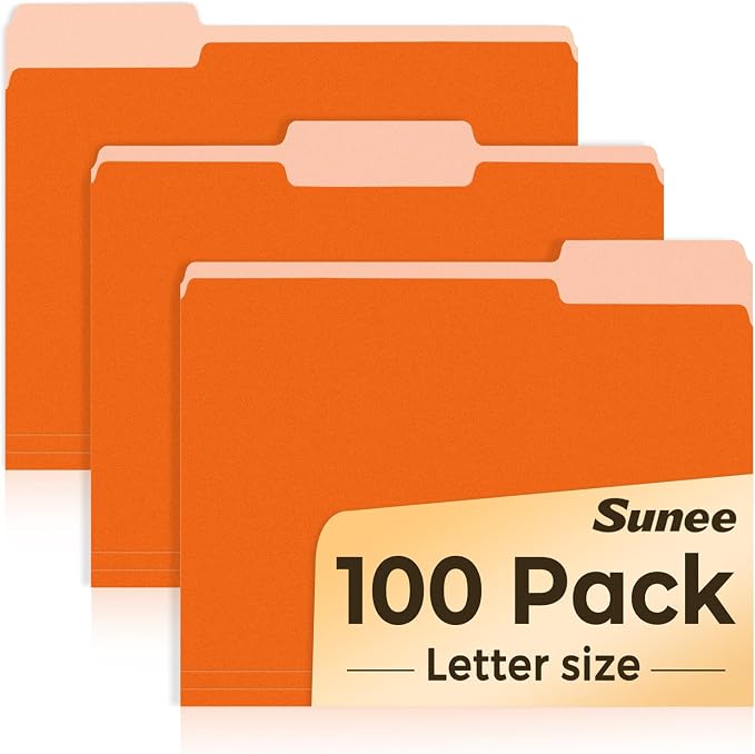 SUNEE File Folders Letter Size Orange, 100 Pack Manilla Folders 8.5 x 11 1/3-Cut Tabs, Colored File Folders Office Home School for Documents Files Paper