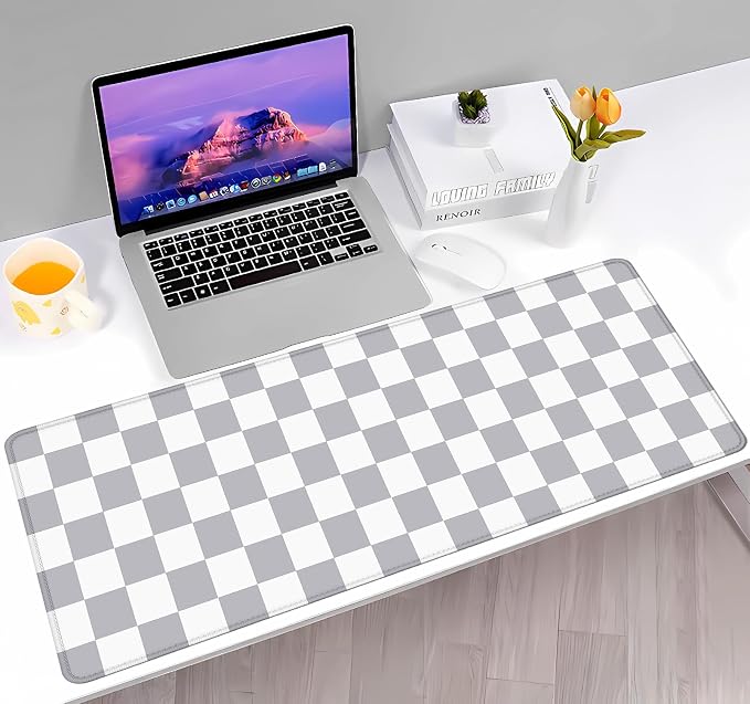 Grey Checkered Desk mat, Boho Gray Pattern Large Mouse Pad, Desk Protector Pad Writing Mat for Work Home Decor, Gaming Mousepad, Big Mouse Mat for Office Computer Laptop, 31.5 X 11.8 in