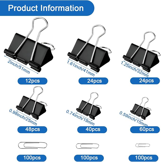 508 PCS Binder Clips and Paper Clips Set Assorted Sizes Office Supplies | Binders Extra Large Medium Small Mini and Micro,Paperclips Large Medium Small Set in a Container with Compartments