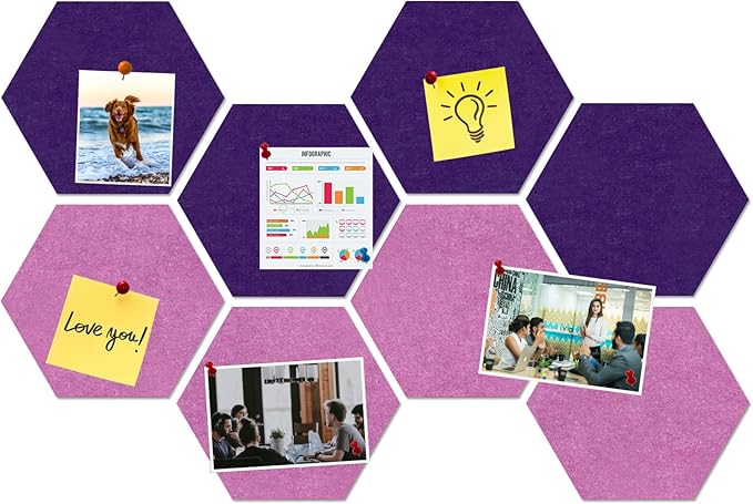 Large Hexagon Felt Cork Board Tiles, Self Adhesive DIY Felt Bulletin Board Pin Board with 35 Pushpins for Office School Home Wall Decor(Purple+Light Purple)