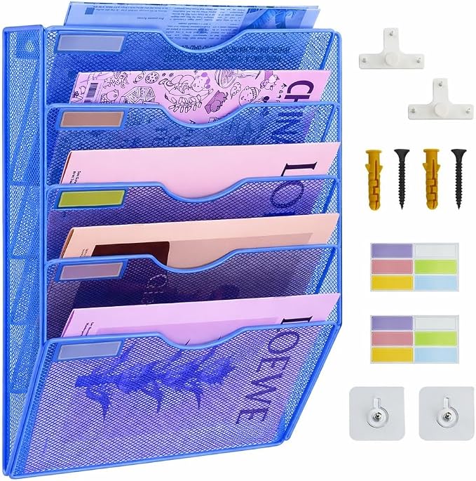 5 Pockets Mesh Wall File Holder Organizer Office Hanging File Folder Magazine Rack, Nametag Label Hooks Set Included (Blue)