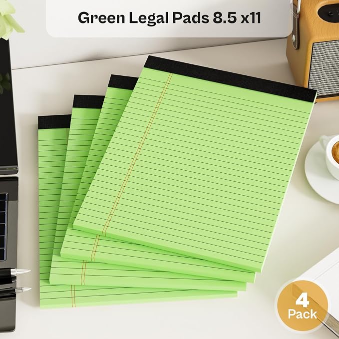 4 Pack Green Legal Pads 8.5 x 11 Green Note Pads 8.5 x 11 Notepad 8.5 x 11 Micro Perforated Writing Pads Lined Paper Pads Wide Ruled Pad of Paper 30 Sheets Notebook for Study, To-Do Lists, Office
