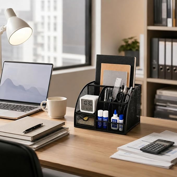 Black Office Supplies Set, Office Desk Accessories with Desk Organizer, Tape Dispenser, Stapler, Clips, Ruler, Scissors, Pen, Tape, Sticky Notes, Desktop Organizer for Back to School Supplies