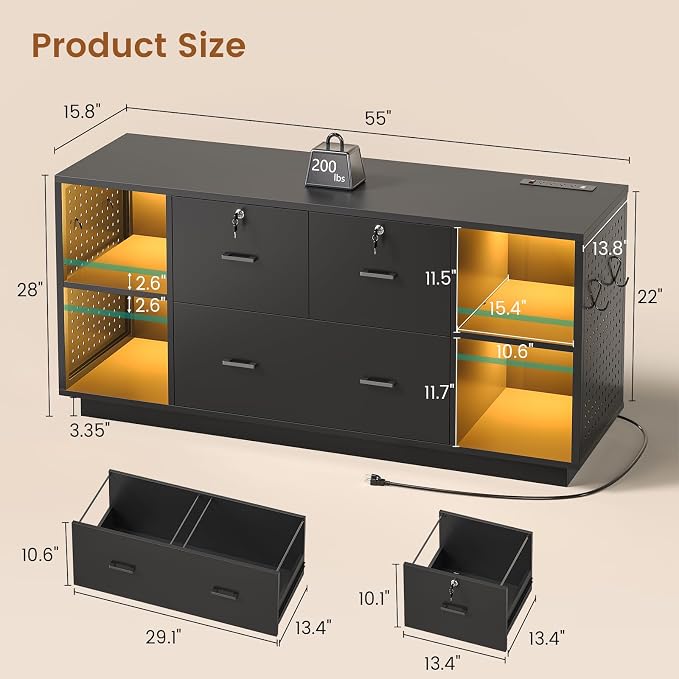 SEDETA 55" File Cabinet with Lock, Large 3 Drawers Filing Cabinets for Home Office, Lockable Printer Stand with Storage, Power Strip, LED Light & Pegboard, Black