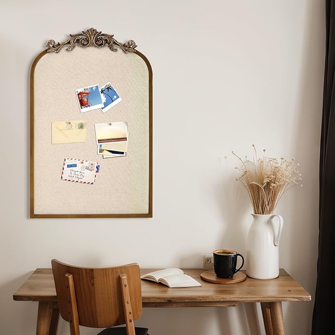 Vintage Framed Pin Board Linen Display Bulletin Board Large Ornate Fabric Picture Photo Pinboard Memo Decorative Prayer Pinboard Ornate for Wall Gift(Arch,19" X 31",Retro Golden)