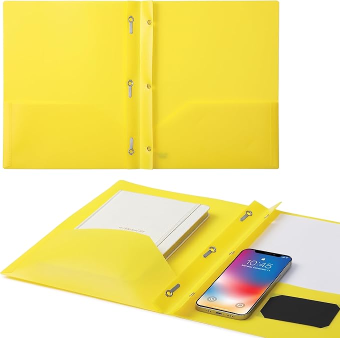Mr. Pen- Plastic Folders with Pockets and Prongs, 48 Pack, Letter Size, Yellow, Flexible Plastic Folders with Prongs and Card Slot