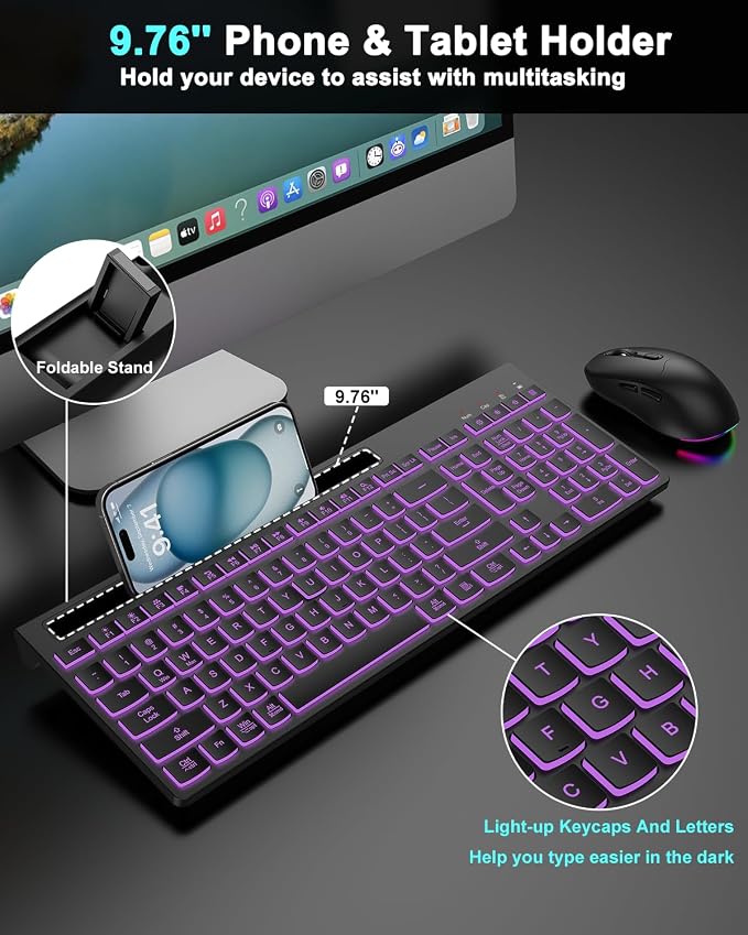 Wireless Keyboard and Mouse Combo, 7 Backlit Effects, Light Up Letters, Rechargeable, Phone Holder, 6 Button Mouse, Ergonomic Tilt Angle, 2.4GHz Silent USB Keyboard Mouse for Laptop, PC
