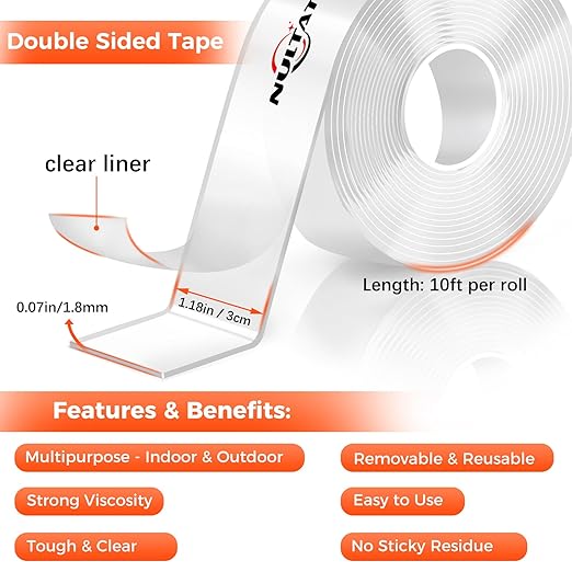 180FT Double Sided Tape Heavy Duty, 1.18" x 120" Strong Nano Double Stick Tape, Removable, Washable, Reusable Adhesive Tapes for Wall, Clear Multipurpose Adhesive Mounting Tape (180FT)