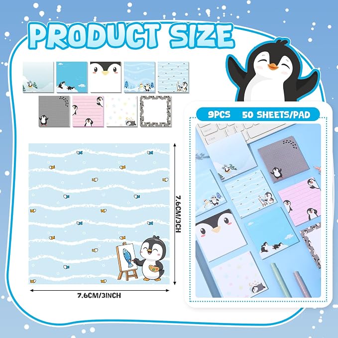 9 Pads Penguin Sticky Notes, 3x3 Inch Cute Stick Notepads | Adhesive Memo Notes Pad, Coworker Gifts, Office Supplies Decor, Desk Accessories for Students, Teacher, Meeting
