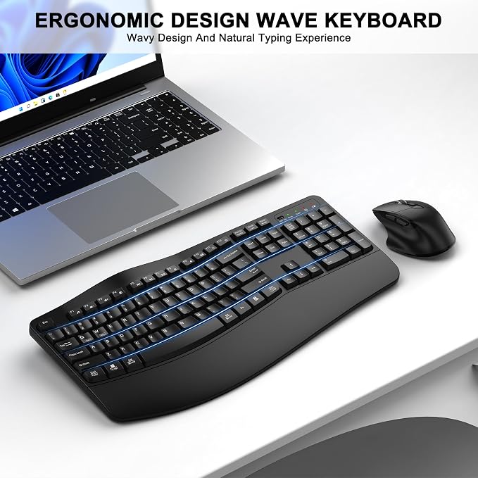 Wireless Keyboard and Mouse Combo, 2.4G Ergonomic Wave Keys(Black) | Full Size Wave Keyboard with Wrist Rest, 3-Level DPI Adjustable Ergonomic Mouse for Windows and Mac OS Desktop/Laptop/PC