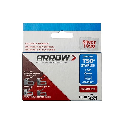 Arrow Fastener 504SS1 Heavy Duty T50 Stainless Steel Staples for Upholstery, Construction, Furniture, Crafts, 1/4-Inch Leg Length, 3/8-Inch Crown Size,1000-Pack