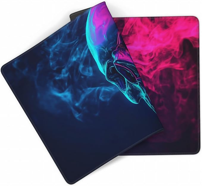 Aesthetic Skull Gaming Mouse Pad, Blue Pink Cyber Desk Mat with Anti-Slip Base & Stitched Edges,35.4" x 15.7" in Table Mat for Computer Desktop, Beautiful Workstation Decor