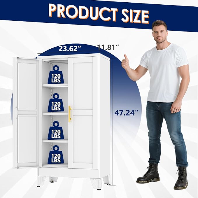 erosoei 47" H Metal Garage Storage Cabinet, Metal Pantry Cabinet with 2 Doors, Locker Steel Cabinet with 3 Adjustable Shelves, Freestanding Cupboard for Garage,Office,Home,Gym,School
