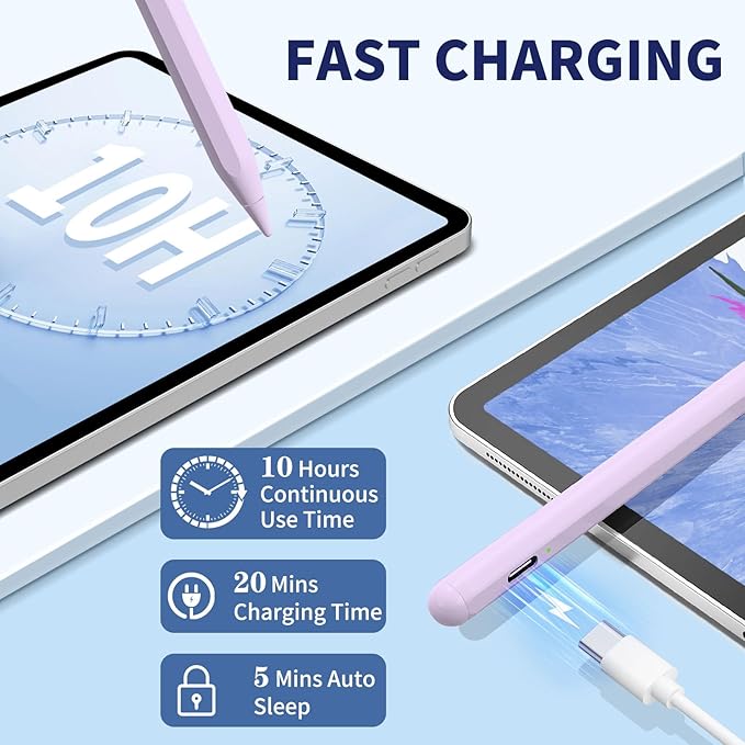 iPad Pencil for 9th & 10th Generation, Fast Charge Stylus Pen for Palm Rejection and Tilt Sensitivity, Compatible with iPad Pro 11/12.9in, Mini 5/6, iPad 6/7/8/9/10, Air 3/4/5 (Purple)