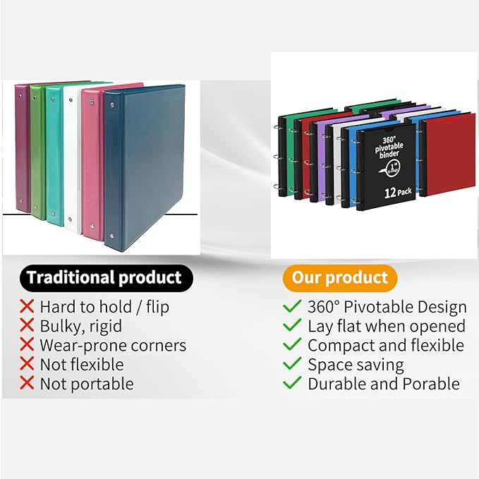 12 Pcs 360° Pivotable 3 Ring Binder, Soft 1 inch Binders 3 Ring, Flexible Thin Soft Three Ring Binder Fits 8.5" x 11", for Home, School and Office-Black, White, Blue, Green, Red, Purple