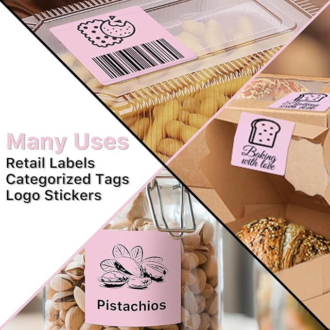 Square Thermal Label Stickers, 2"x2" (50.8mm x 50.8mm) Compatible with Multiple Thermal Printers Self-Adhesive Square Direct Strong Adhesive Thermal Labels, Pink, 500 Sheets/Roll