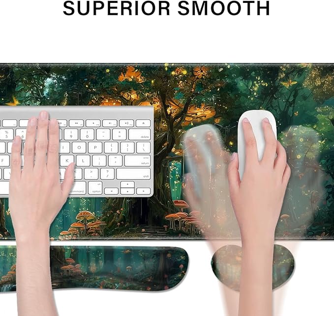 Desk Pad and Keyboard Wrist Rest, Large Mouse Pad + Keyboard Pad+Mouse Wrist Support, Non-Slip Desk Mat Protector for Office, Home 31.5×11.8 Inches Green Forest