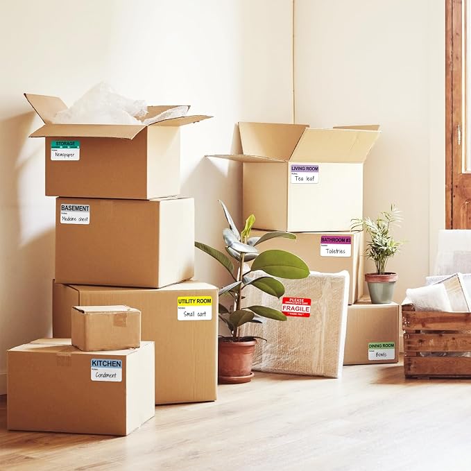 Each Measures 2” x 3”, 600 Writable Moving Labels for Boxes | 20 Designs, with Fragile/Heavy/Blank Labels+17 Color Coded Stickers for Boxes, Home Moving Packing Box Labels for 3-4 Bedroom