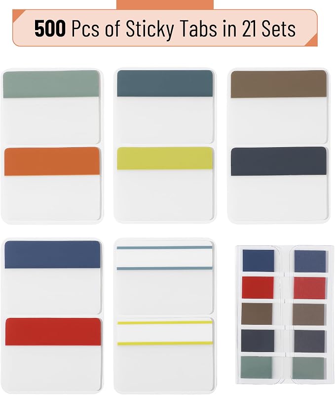 Mr. Pen- Sticky Index Tabs, 500 Pcs, 21 Sets, Colorful | Writable Colored Pages Markers Labels for Reading Notes, Books, Binders, Notebook, Folders and Classify Files