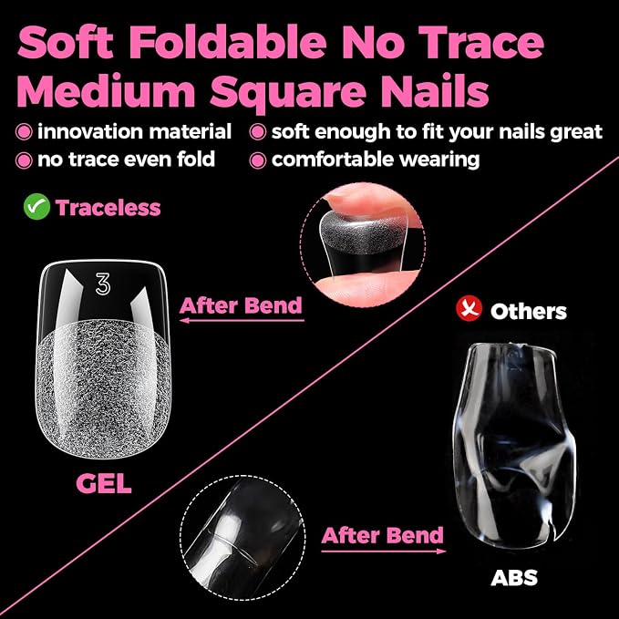UNA GELLA Gel Nail Tips Square Short, 15 Sizes Short Square Press on Nails | Pre Etched 300pcs Soft Gel Fake Nails Full Cover for Nail Extension Home DIY Salon for Flat & Curved Nail Beds