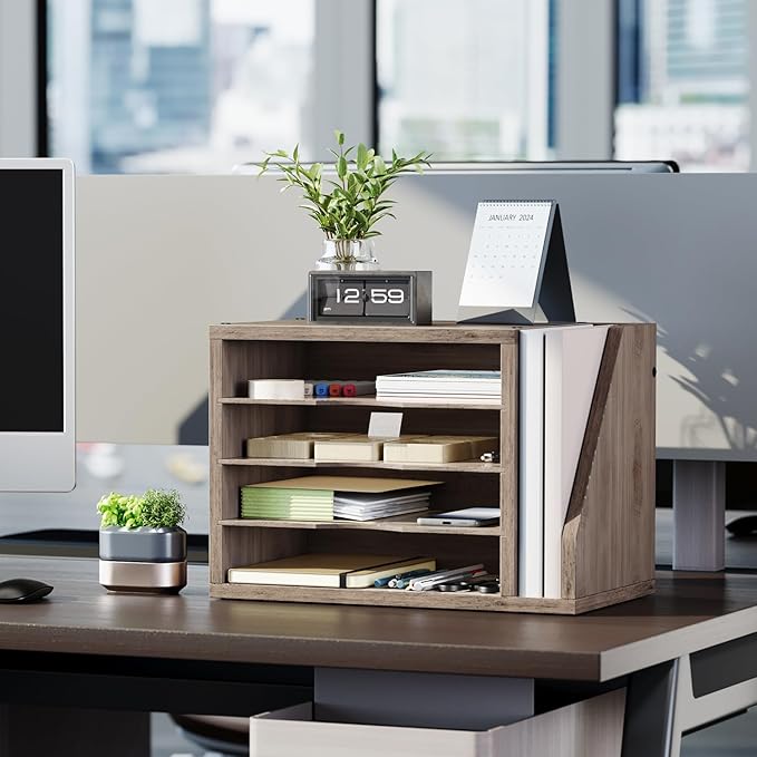 Mail Sorter, File Organizer Desktop, Wood Desk Organizer with 3 Adjustable Shelves, Mail Holder for Office, Home, Letter Sorter File Holders for Envelopes, Mail Supplies Magazines, Greige