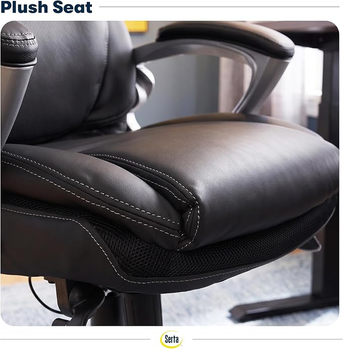 Serta Bryce Executive Office Chair - Ergonomic Computer DeskChair with Lumbar Technology - Adjustable Height - Memory Foam Body Pillows - 360° Swivel Rolling Base - Bonded Leather - Black