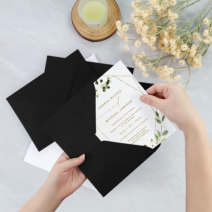 100 Pack A7 Envelopes, Black Greeting Card Envelopes Self Seal, 5.24 x 7.24 in Envelopes for Birthday Graduation Baby Shower Wedding Invitation Cards