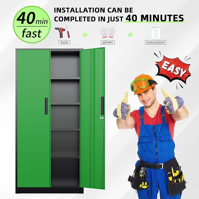 Metal Storage Cabinet, 72" Locking Steel Cabinets with 2 Door and 4 Adjustable Shelves, Tall Metal Cabinet for Home Office, Garage, Warehouse,(Black+Green)