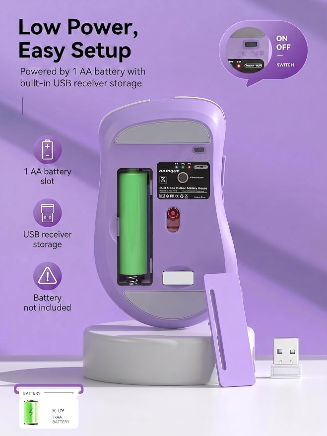 RAPIQUE Bluetooth Wireless Mouse, Dual Bluetooth & 2.4GHz, Purple | Right-Hand Design, Quiet Clicks, Low Power, 3-device switching, Portable Multi-Device for MacBook, Laptop, Computer, iPad, PC